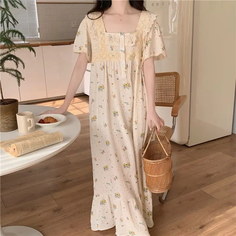 Floral Nightgowns Women Sweet Lace Summer Nightdress Schoolgirls Korean Fashion Square Collar Retro Lounge Sleepwear Cozy New