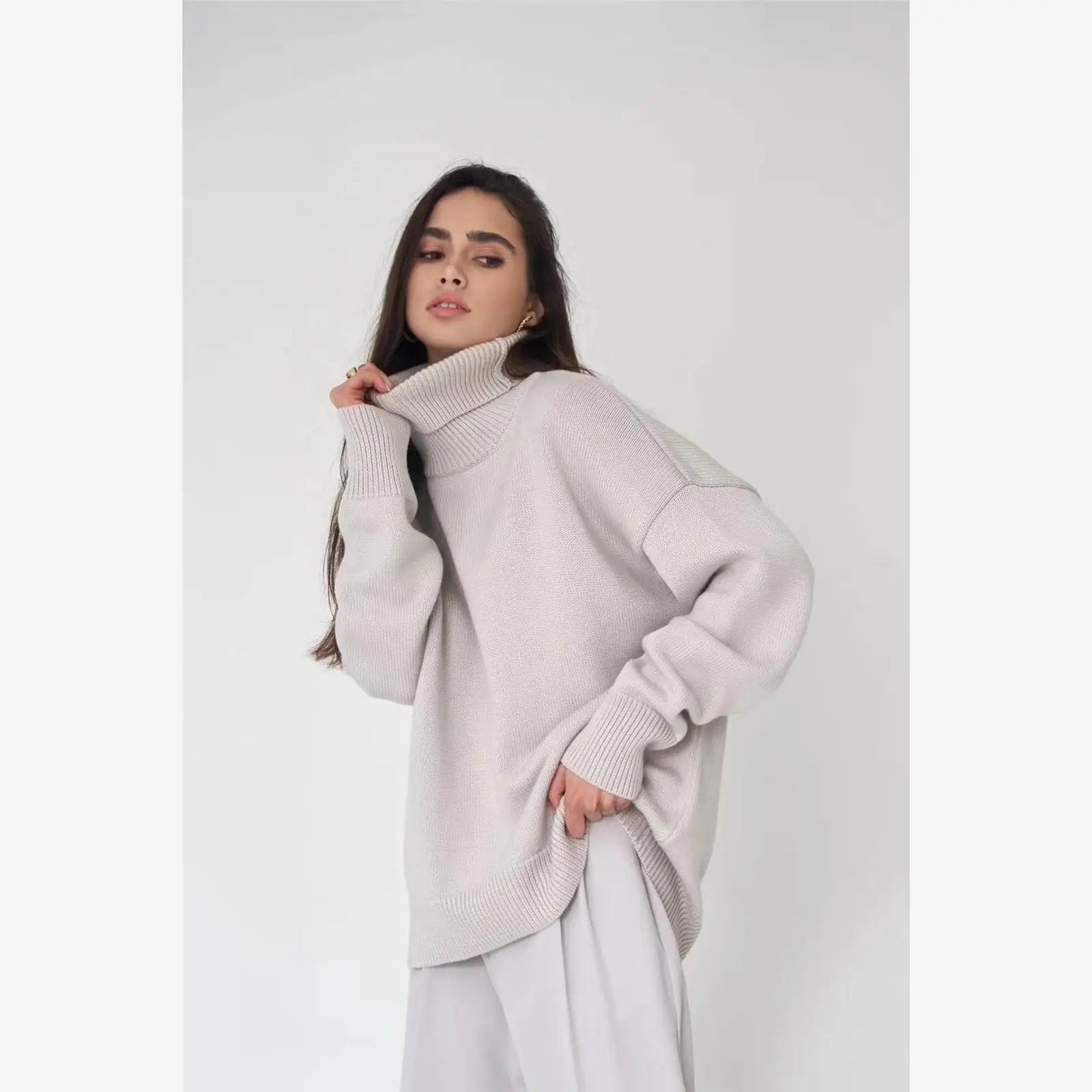 Bequemer, lockerer Pullover mit hohem Kragen, vielseitig einsetzbar, für Herbst und Winter, erschwingliche Strickwaren, gerader Schnitt, lang, Sve, normale Länge