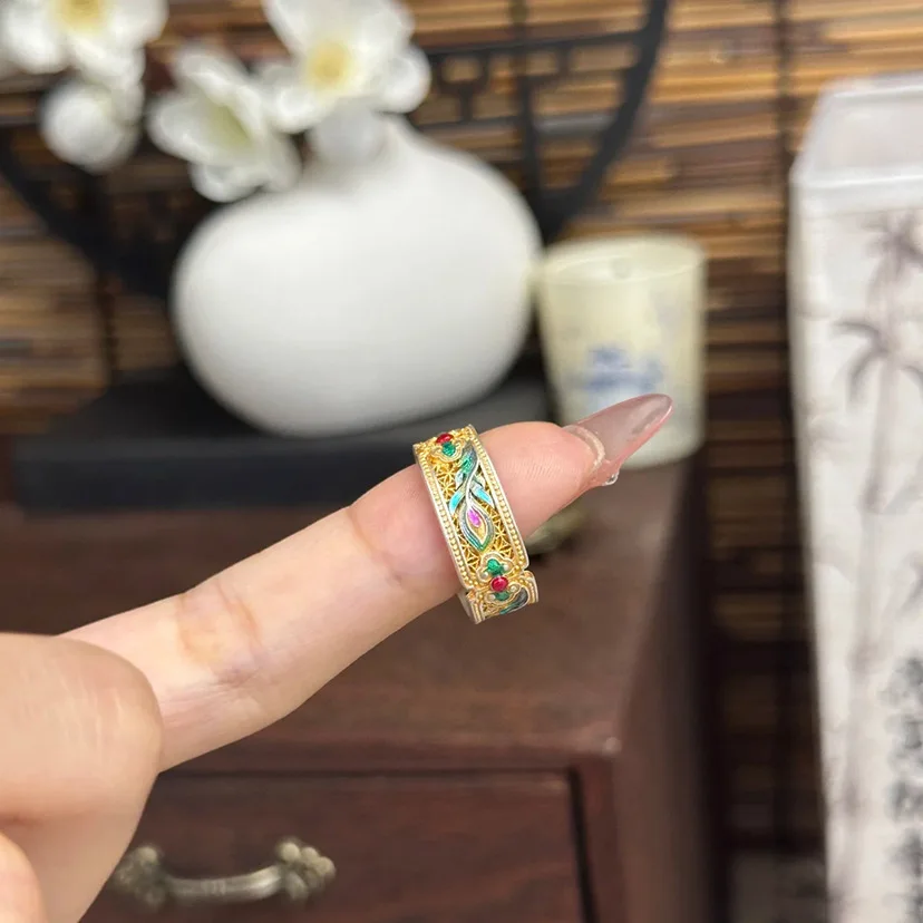 Retro silver 925 Colored Enamel Ring Light Luxury High Grade paint in golden Phoenix Feather rings for women Wedding Jewelry