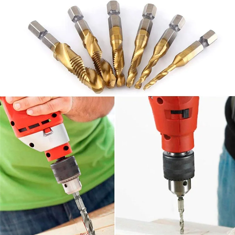 AEE6-6Pc Foratura Maschiatura Smussatura Set di punte da trapano integrate Punta da trapano per sbavatura Rubinetto composito Punta da trapano per sbavatura