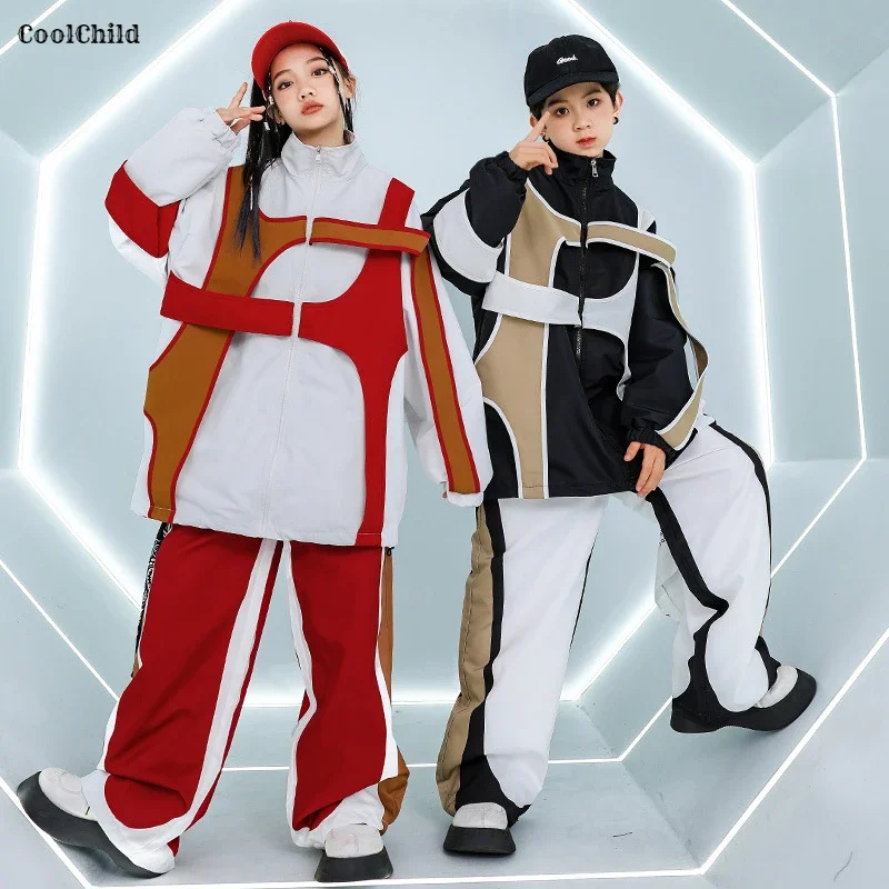 Boys Hip Hop Contrast Loose Coat Cargo Pants Girls Sports Jacket Sweatpants Kids Jazz Clothes Sets Children Streetwear Tracksuit