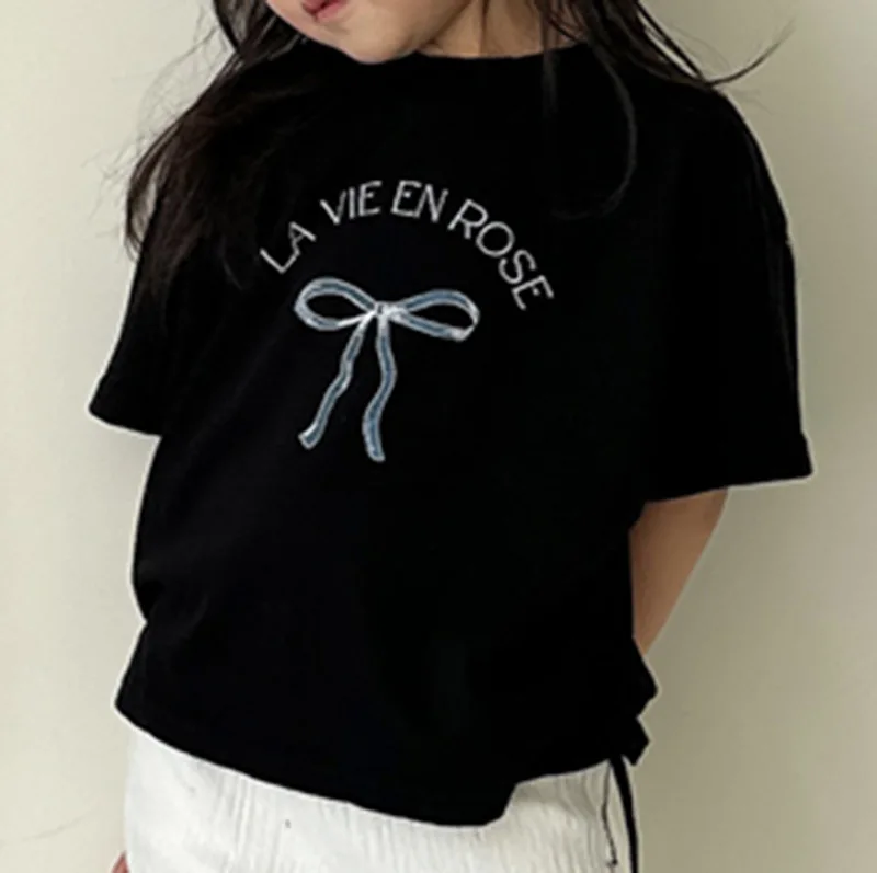 2026 Summer New Children Short Sleeve T Shirts Cotton Baby Girls Cute Bow Print Tee Toddler Loose Casual Tops Kids Clothes