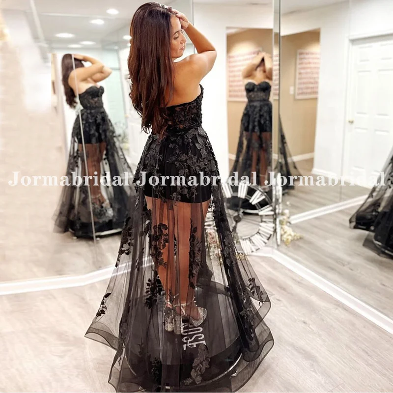 Customized Sexy Black Prom Dress Illusion Bodice Sweetheart Neckline Lady See Through Formal Wear A-line Evening Party Dresses