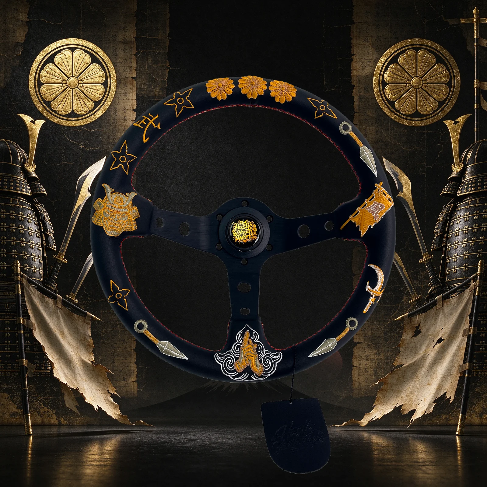 HYW Limited Samurai Ninja Steering Wheel Gold Embroidery Kunai Shuriken 3 Spoke Black & Red Stitching JDM Drift Steering Wheel
