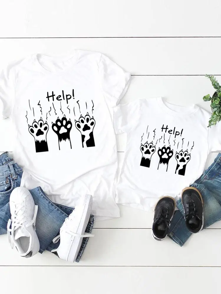 Graphic T-shirt Tee Cat Paw Funny New Print Women Child Kid Clothing Boy Girl Summer Mom Mama Clothes Family Matching Outfits