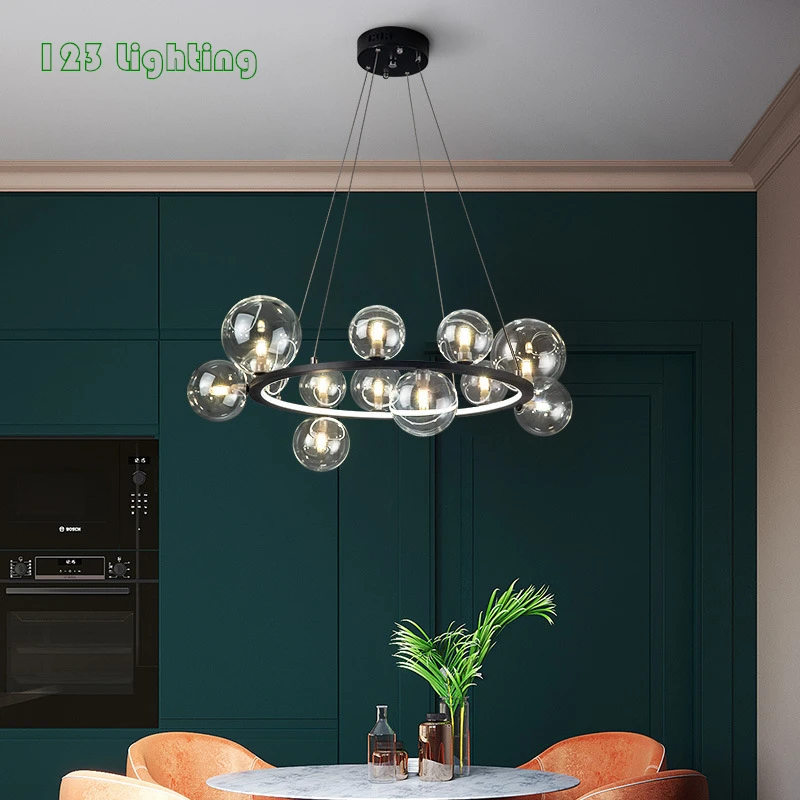 

Modern Clear Glass Chandeliers Parlor Foyer Restaurant Hanglamp Bedroom Light Fixtures Black Metal G9 110-240V Cord Adjustable