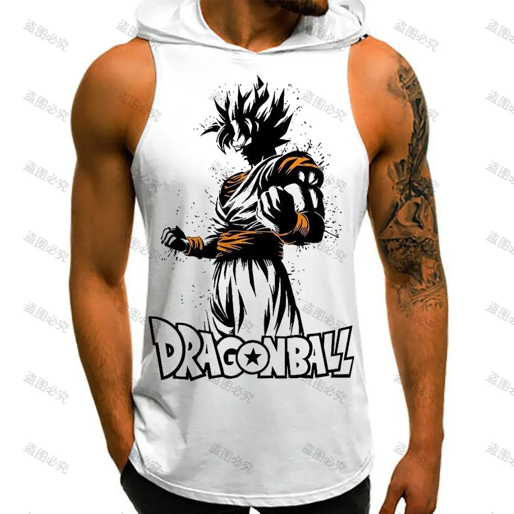 Dragon Ball Z Men\'s T-shirts Vest With Hood Summer New Super Saiyan Streetwear Gym Clothing Men Vegeta Sleeveless Vests Anime