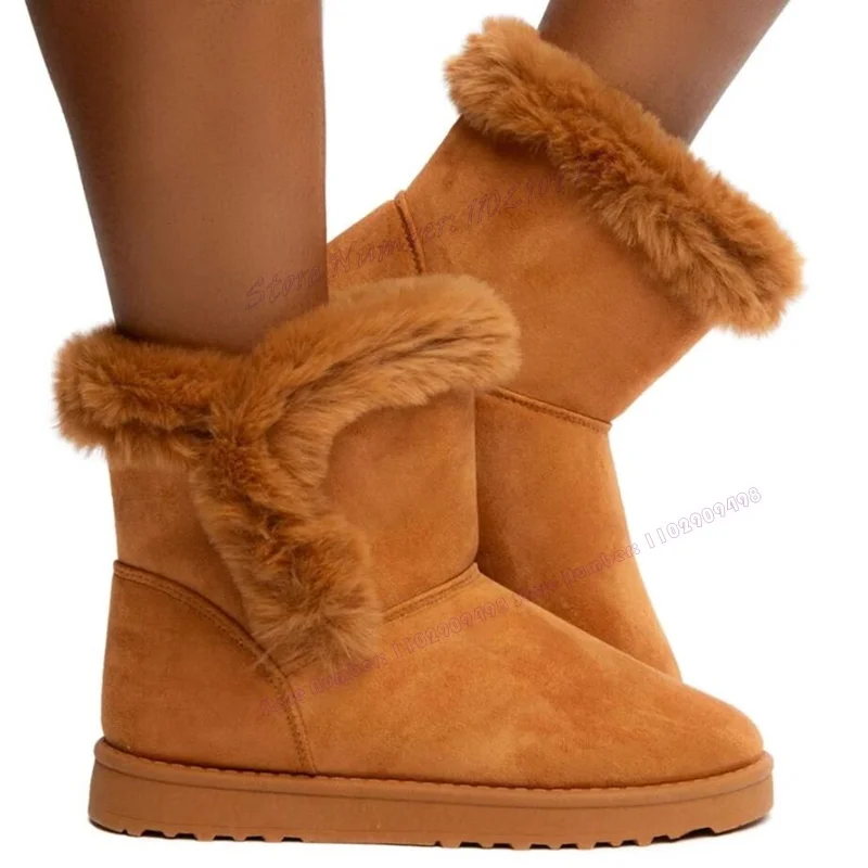 Brown Fluffy Decor Snow Ankle Boots Round Toe Shoes for Women Comfortable Winter Warm Flats Shoes 2023 Zapatos Para Mujere