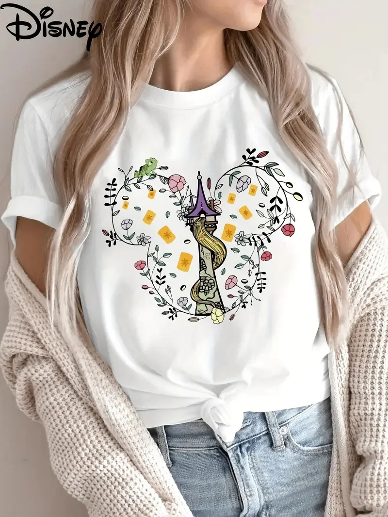 

2025 Disney Pattern Printed Women's Casual Comfortable Unique Smiling Face Black Round Neck Short Sleeve T-shirt