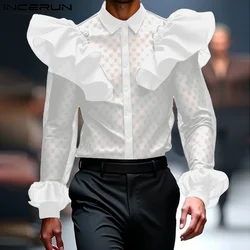 Handsome Well Fitting Tops INCERUN Men's Lace Ruffle Edge Splicing Design Shirts Leisure Clubwear Male Solid Long Sleeved Blouse