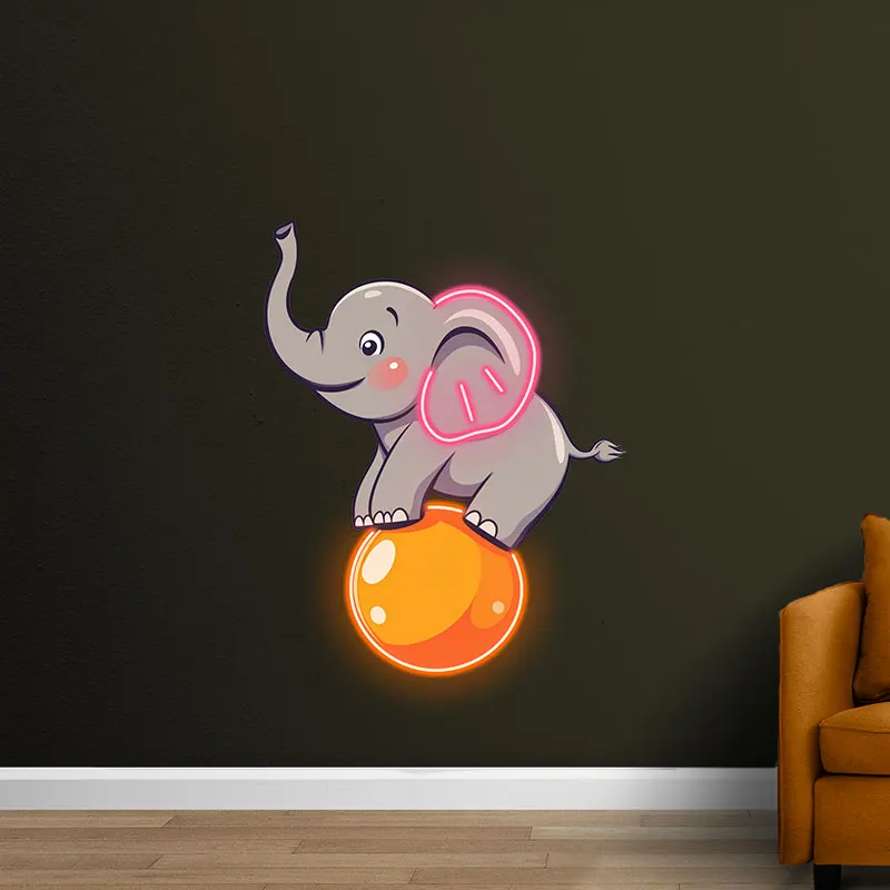 Toysign Custom Neon Sign, Circus Elephant Balancing on Neon Ball - Whimsical LED Poster for Kids Rooms or Playroom Wall Art