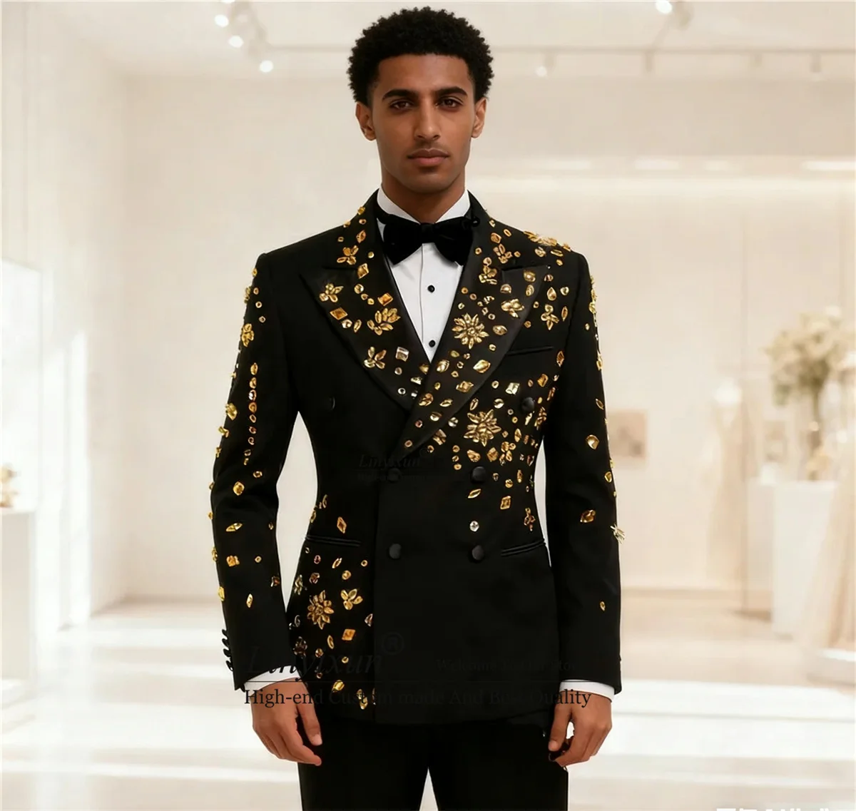 

Shinny Metallic Crystals Tuxedos Men Suits Slim Fit Customized Wedding Outfits Groom Male Blazers 2 Piece Sets Ropa Blazers