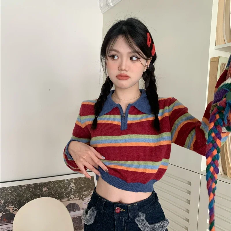 

Korean Long Sleeve Tops Women Design Vintage Preppy Style Versatile Pullovers Striped Short Knitted Sweater Female