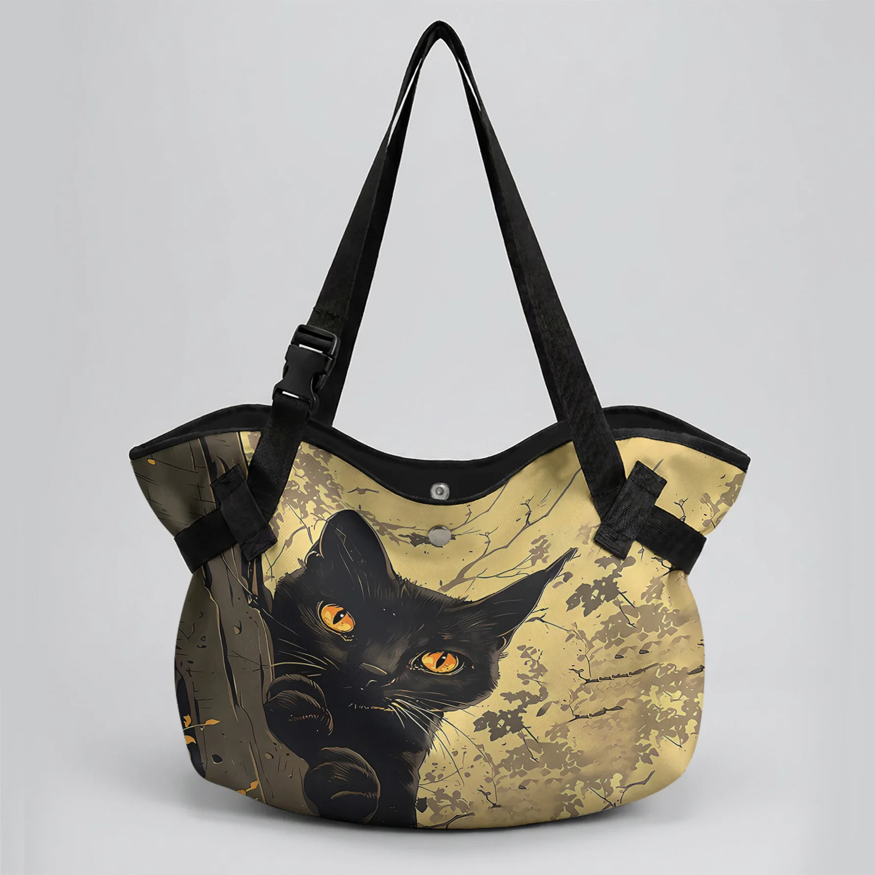 Black Cat Leaf Print 2 In 1 Tote Bag & Round Picnic Mat, Waterproof Foldable Mat For Camping Beach Picnic Travel
