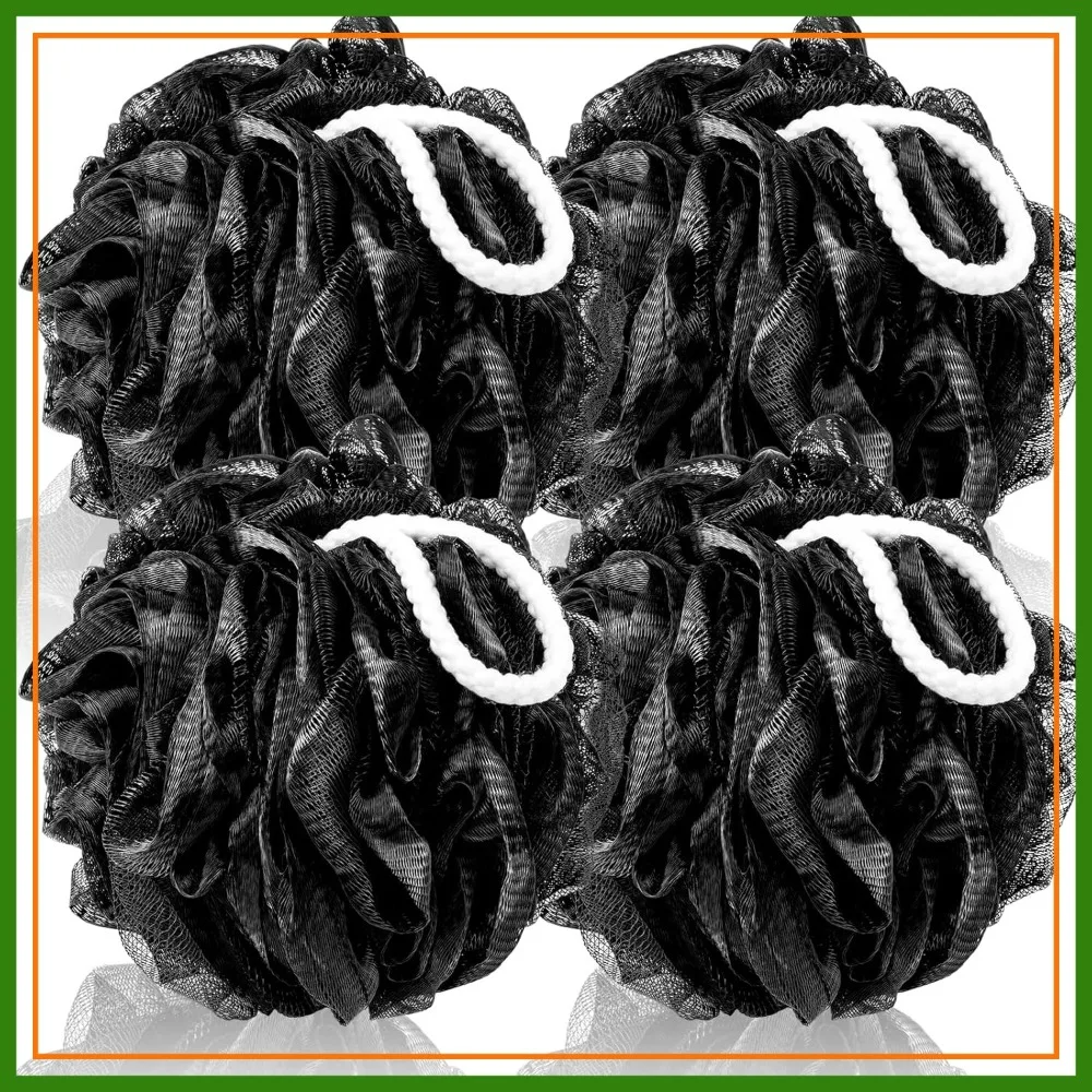 

Loofah Sponge XXL 4 Pack, Soft Mesh Shower Puff for Men Women, Exfoliating Body Scrubber, Black