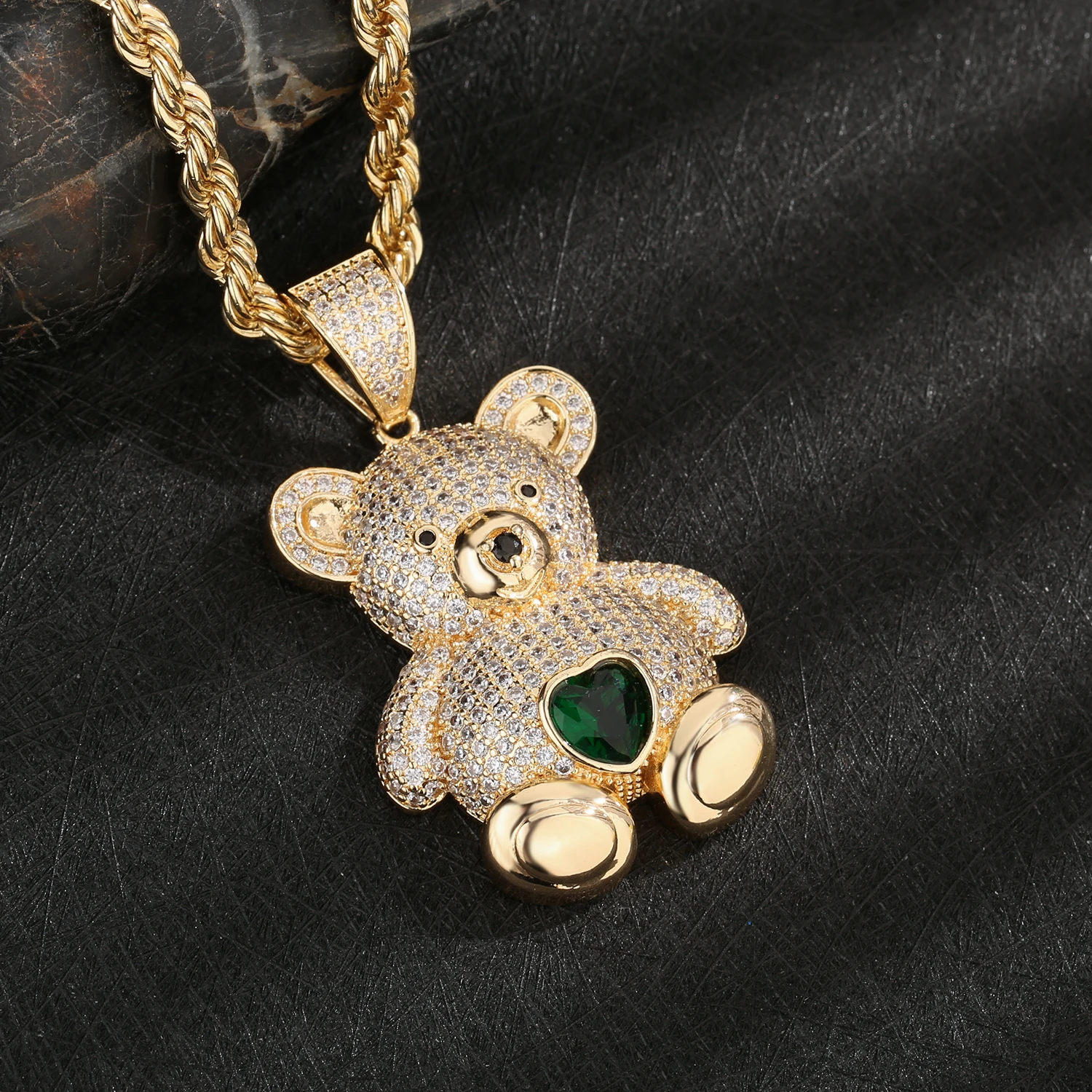 Free Shipping Hip Hop 14K Gold Plated Bear Pendant Moissanite Embellished Copper Jewelry Perfect Choice for Hip Hop Lovers