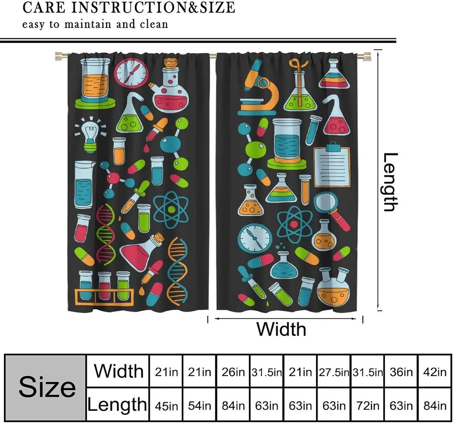 Science Lab Curtain Panels Chemistry Molecular Biology STEM Decor Window Curtains Classroom Home Accent Set 2pcs