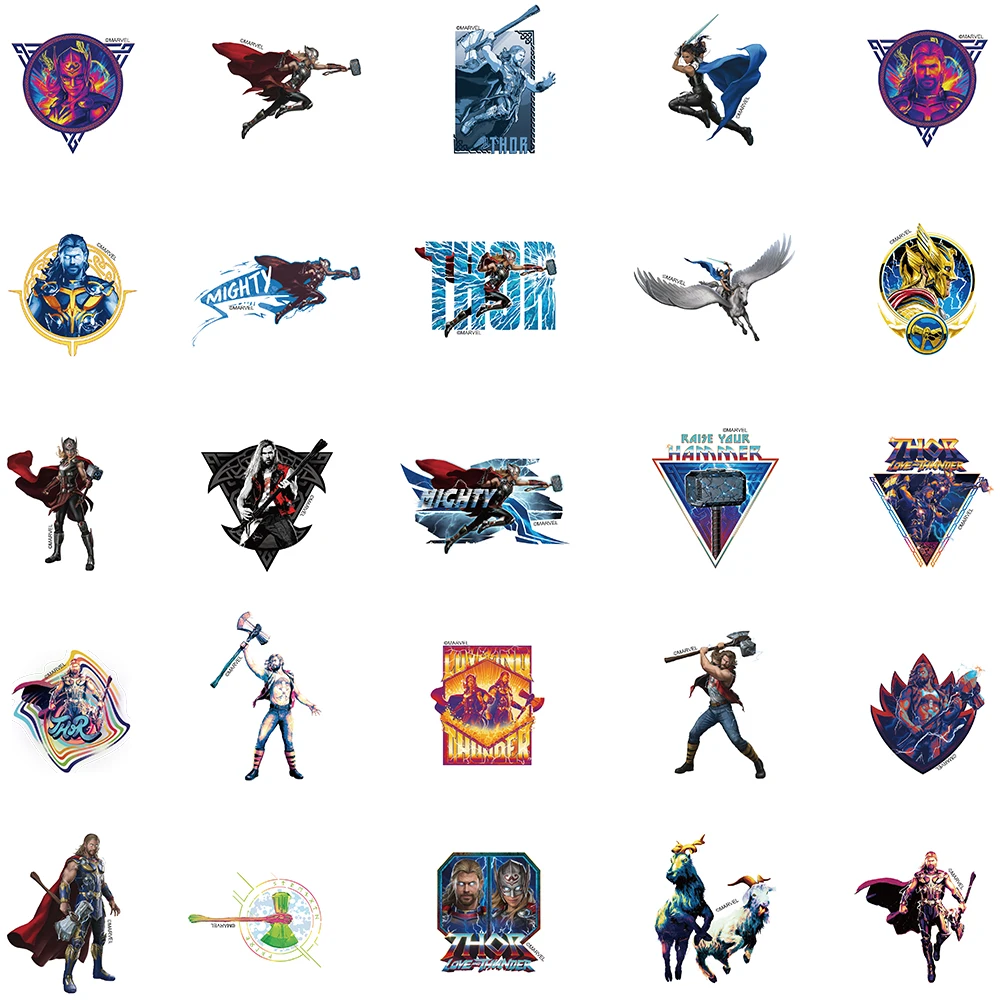 50PCS Disney Thor Superhero Marvel Stickers Avenger Skateboard Guitar Laptop Luggage Cartoon Waterproof Sticker Kid Toys