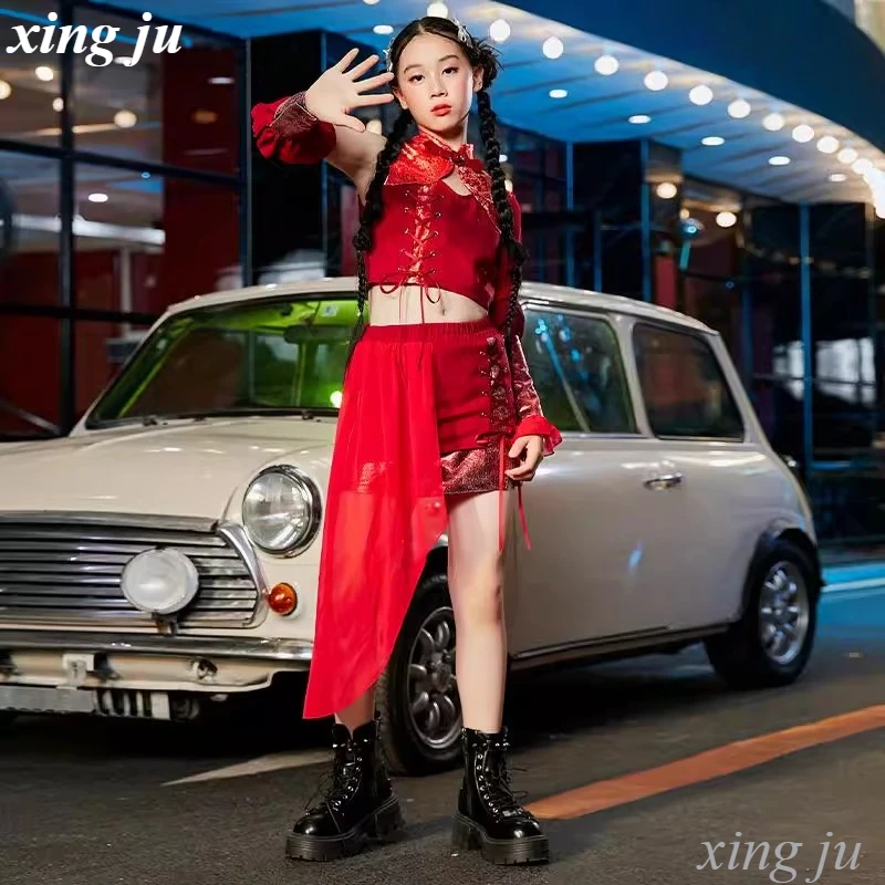 Mädchen Jazz Dance Anzug Mode Leistung Kleidung Kpop Dance Gruppe Hip Hop Outfits Sommer Rot Tops Röcke Street Dance Kostüme