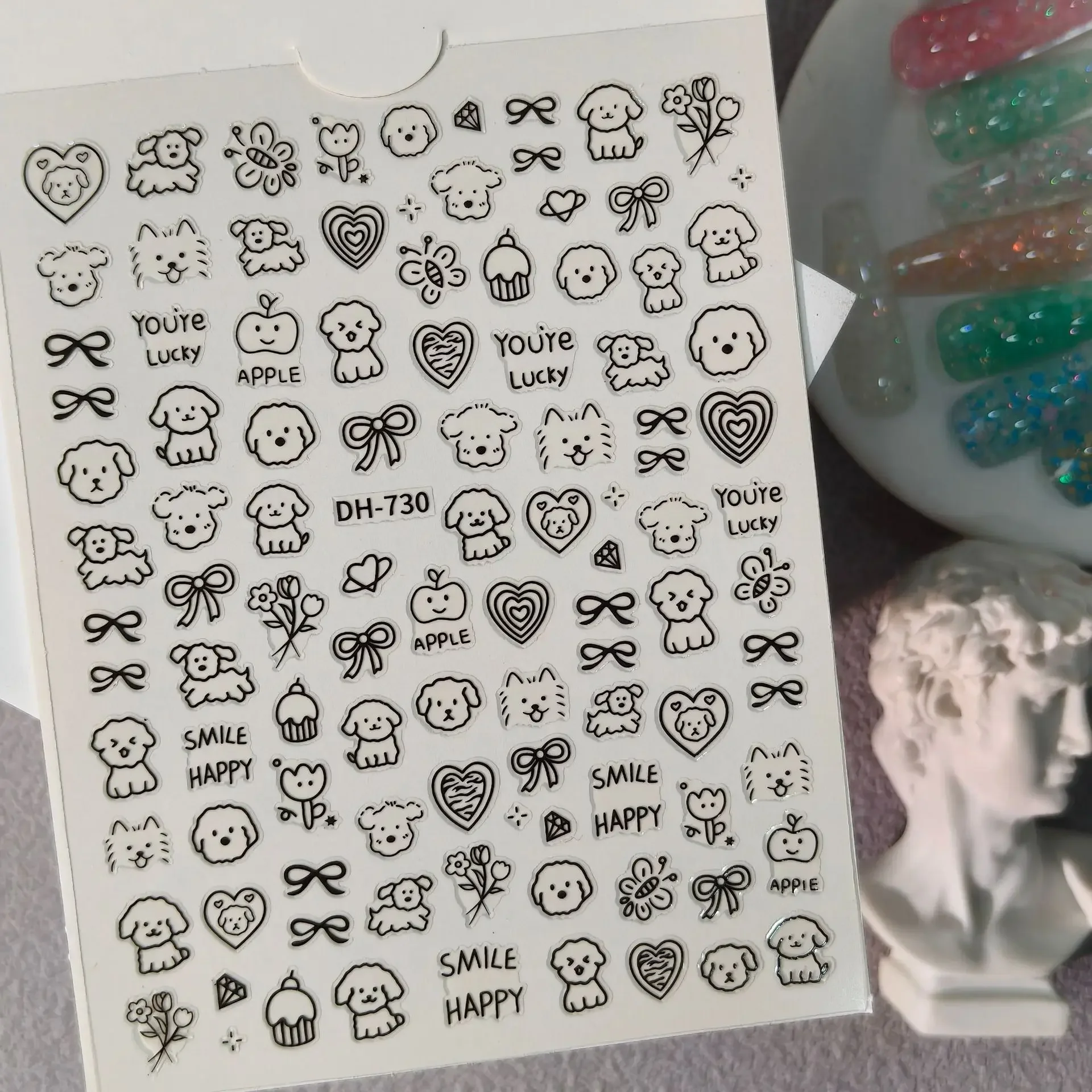 1 Set Minimalist Black White Puppy & Hand Drawn Line Kitten Self-Adhesive DIY Trendy Manicure Nail Art Decor Stickers