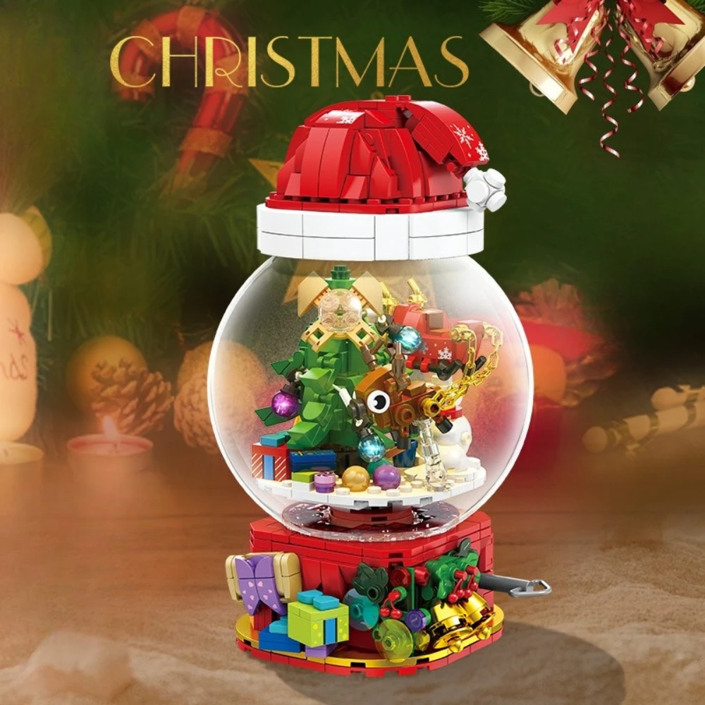 

MOC New Year Winter Rotating Christmas Hat Light Ball Music Box Building Blocks Set Santa Claus Toys For Children Holiday Gifts