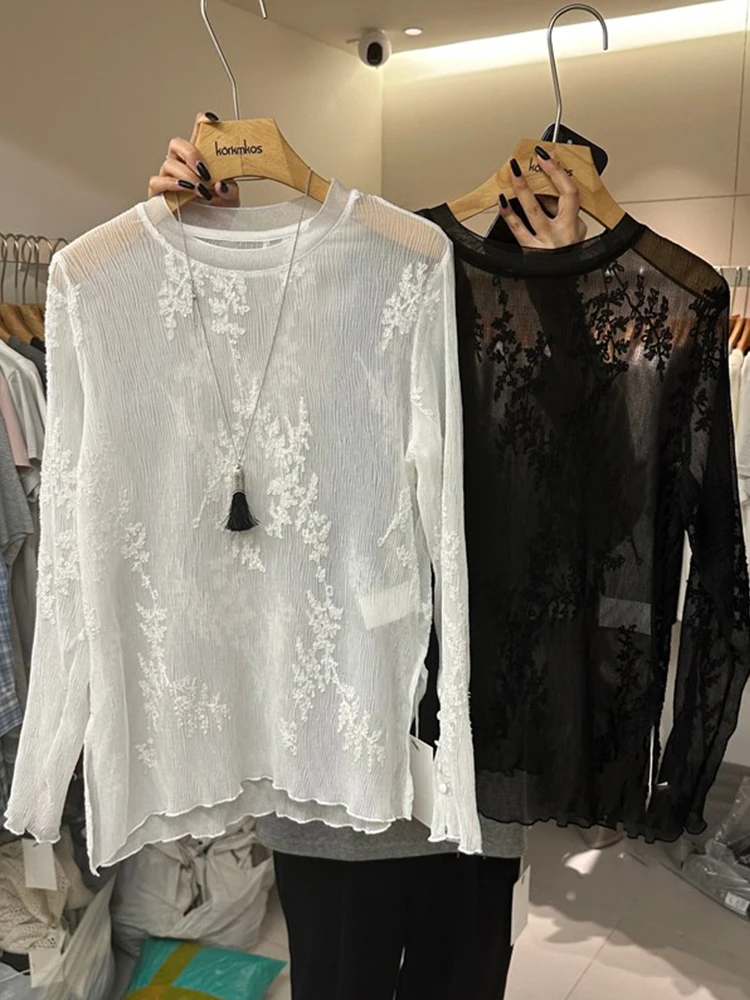 

Embroidered Lace Long Sleeve Base Shirt Women Summer Inner Wear Layering Thin Ice Silk Sun Protection Cover up Mesh Top