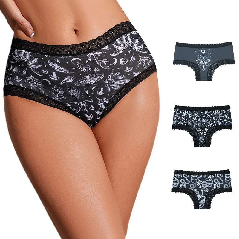 مثير الدانتيل الأسود الأفعى منقوشة الخفافيش المرأة سراويل تنفس منتصف الخصر سلس المرأة مثلث سراويل. #1
