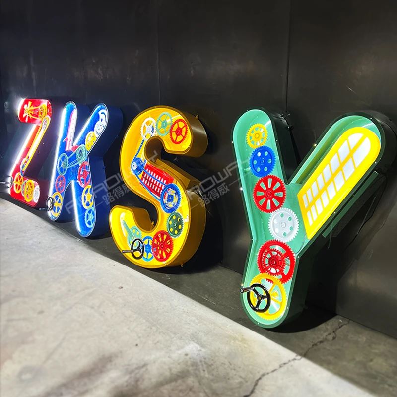School science and technology creative industrial wind wrought iron hand drive gear three-dimensional character interactive