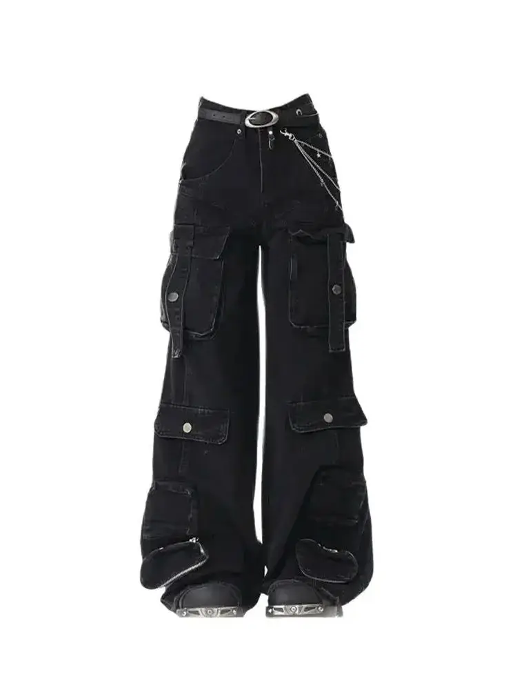 

Women Black Gothic Y2k Cargo Jeans Harajuku Japanese 2000s Style Baggy Denim Trousers Vintage Wide Legs Jean Pants Clothes 2024