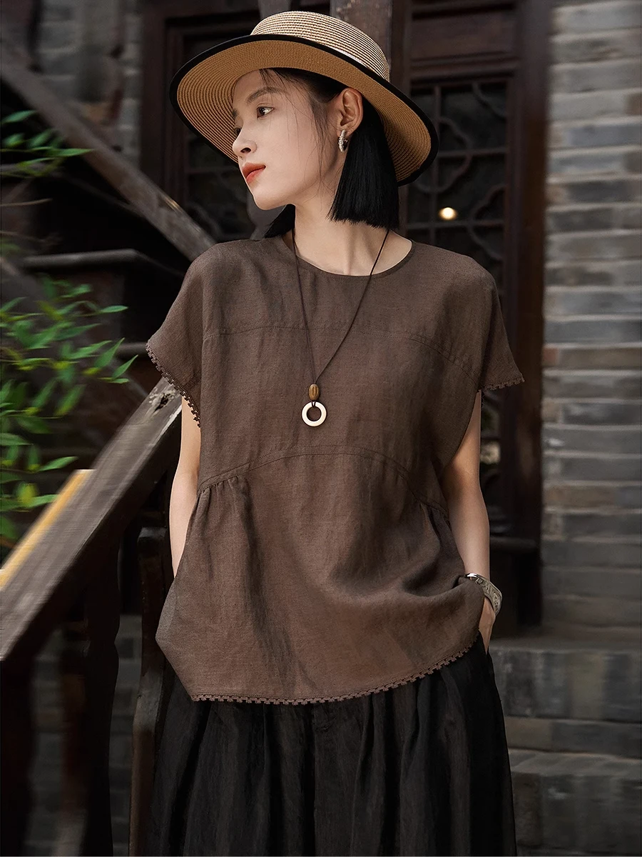 سترة نسائية صيفية جديدة موديل 2025 من القطن والكتان فضفاضة تناسب لون نقي مزخرفة بالدانتيل علوية للتخسيس مقاس كبير #1