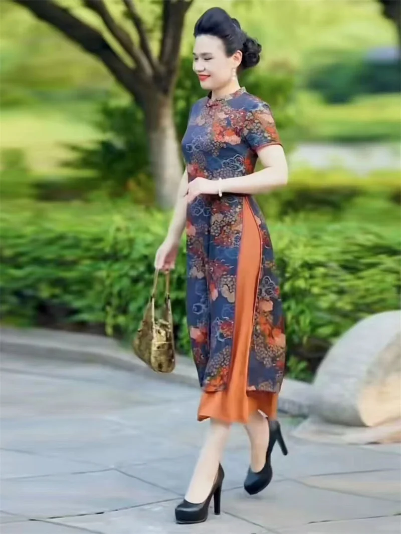 Women\'s Dress 2025 Summer Loose Ethnic Style Retro mom Outfit Improved Cheongsam Dress Print Medium Long A-line Skirt Commuting