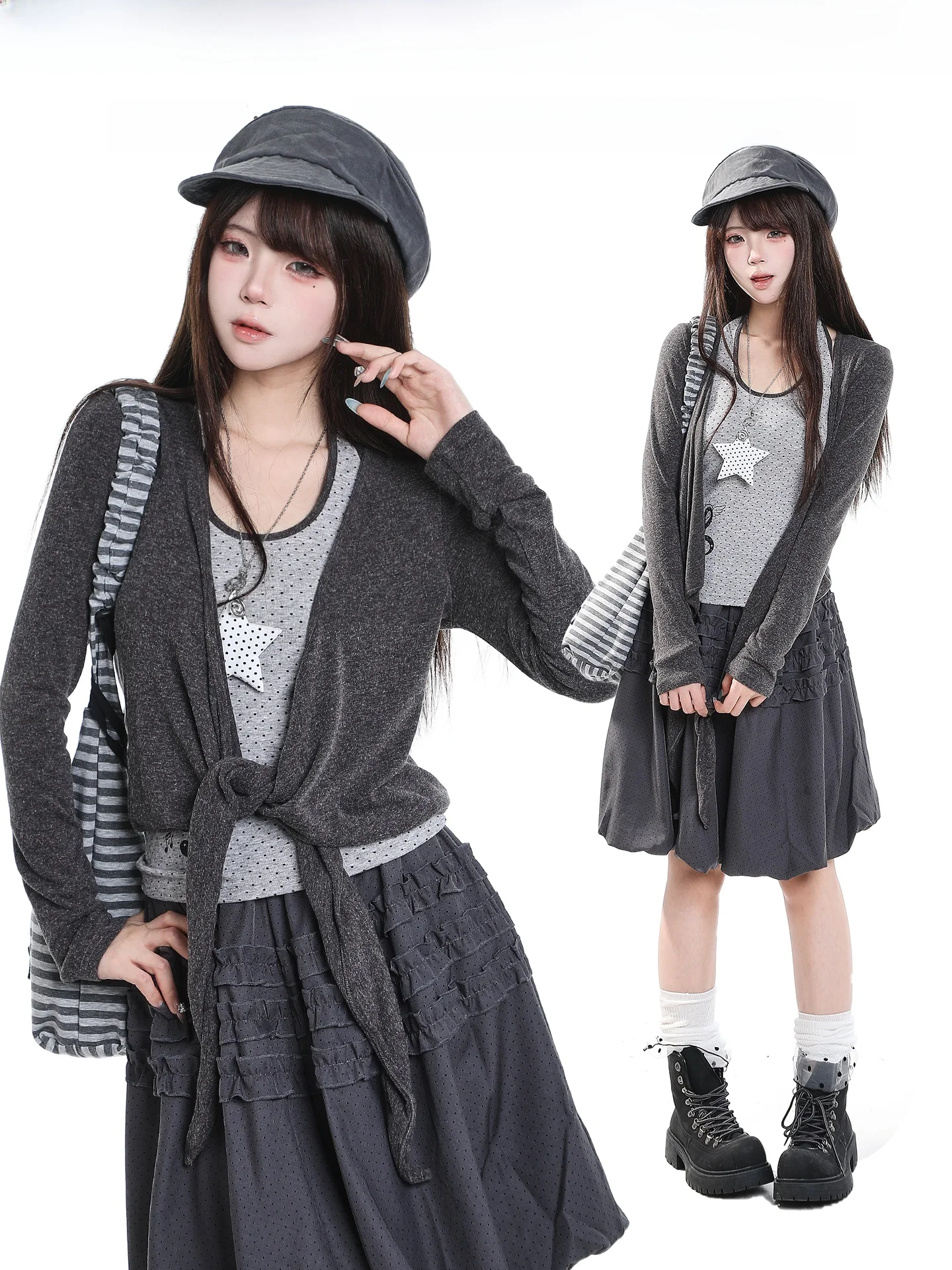Retro Korean Style Long Sleeve Open Cardigan Two-Piece Set Loose Design Unique Beauty Small Top for Women Autumn Season