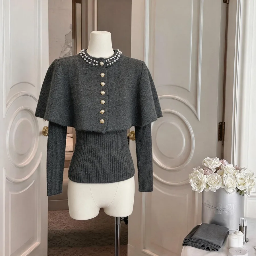 Elegant Knitted Cowl Neck Wrap Shoulder Shawl Women's Winter Fashion Two-Piece Set High-Quality Wool Long Sleeve round Neck S...
