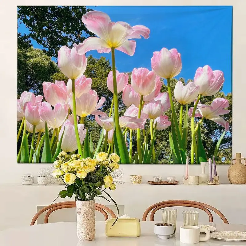 VIKAMA Fresh Pink Tulip Flower Tapestry, HD Wear-Resistant Background Cloth for Elegant Living Room Aesthetic Decor