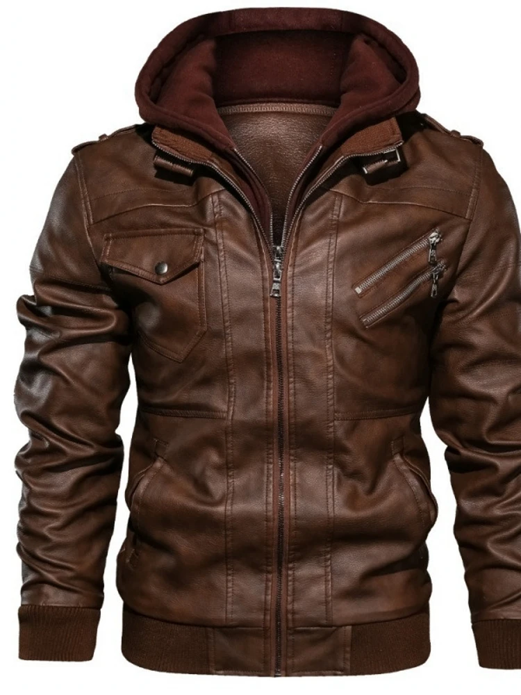 

Retro Biker PU Leather Jaet Men's Hooded Detachable Zipper Closure Windproof Polyester Lined Straight Hem Large Size