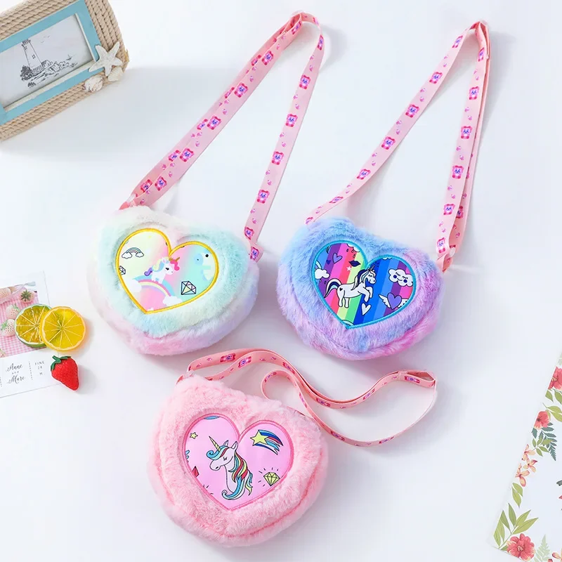 Mini Soft Plush Unicorn Heart Crossbody Bag Women Girls Tied Dye Shoulder Bag Fashion Cute Heart Bag New Year Party Girls Gift