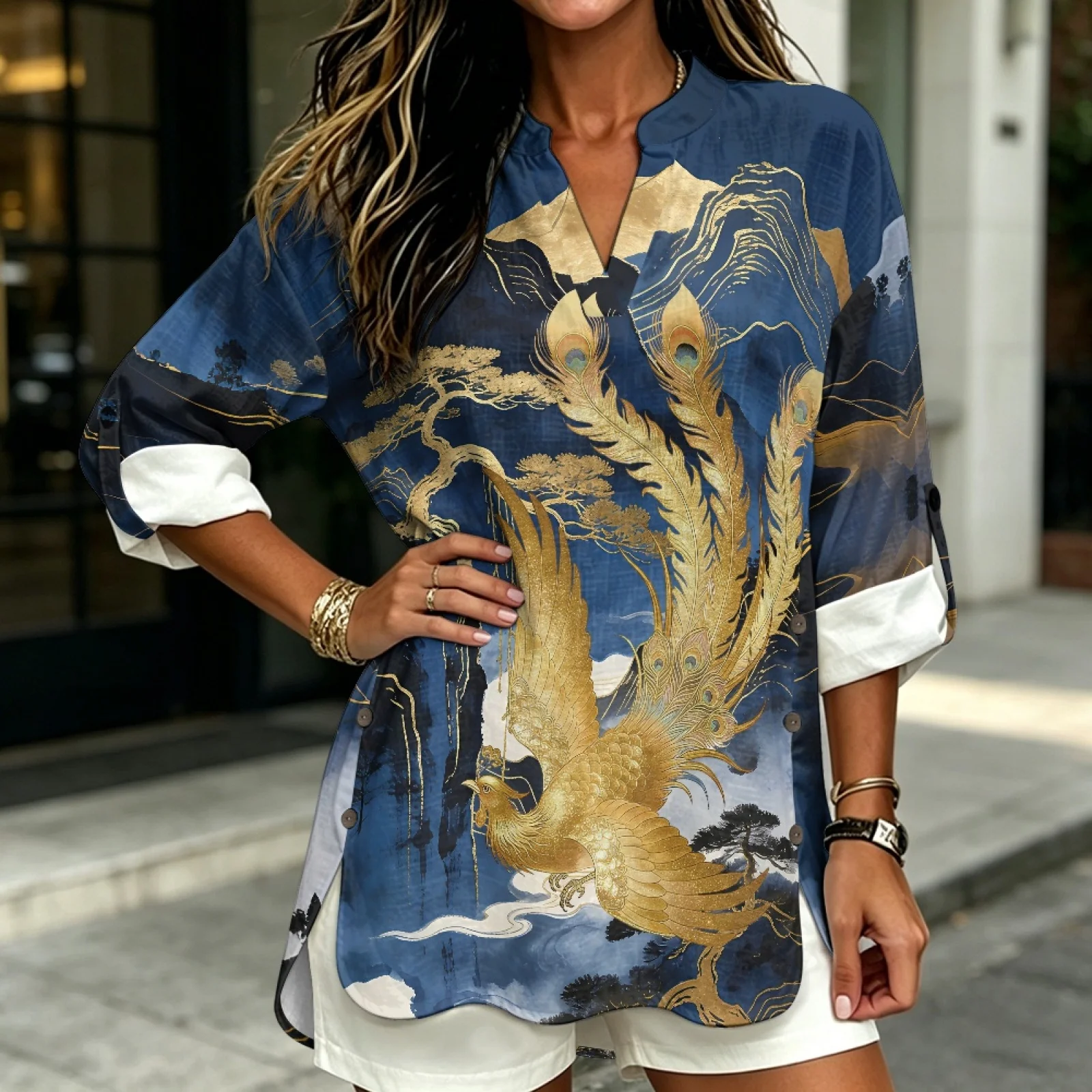 PENSTROLL Golden Phoenix Print Roll-Up Casual Blouses for Ladies Linen Like Women's Long Sleeve Shirts Women's Shirts