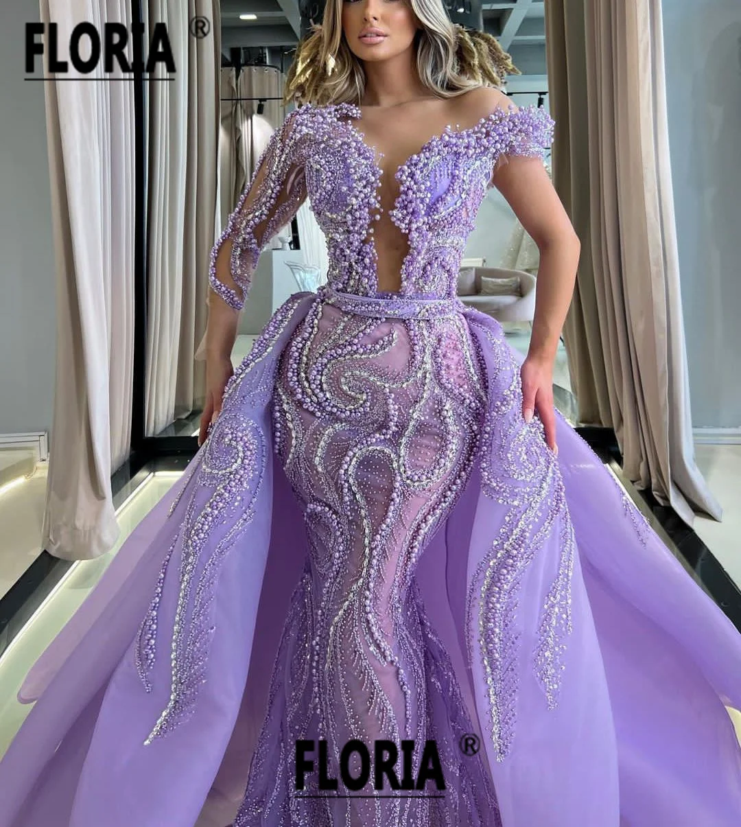 

Vestidos De Festa Dubai Pearls Beaded Evening Wedding Dress with Overskirt Purple Mermaid Formal Party Gown Arabic Woman Robes