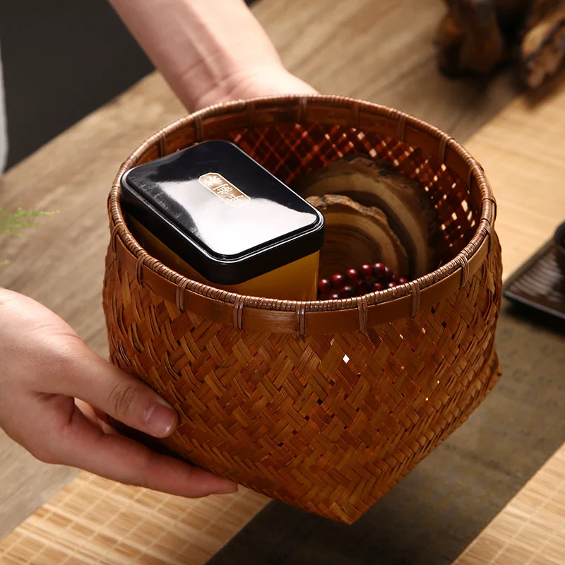 Cesta de almacenamiento de bambú redonda tejida a mano, contenedor de organización del hogar Vintage para mesa de centro, decoración de escritorio, caja de baratijas de ratán Natural