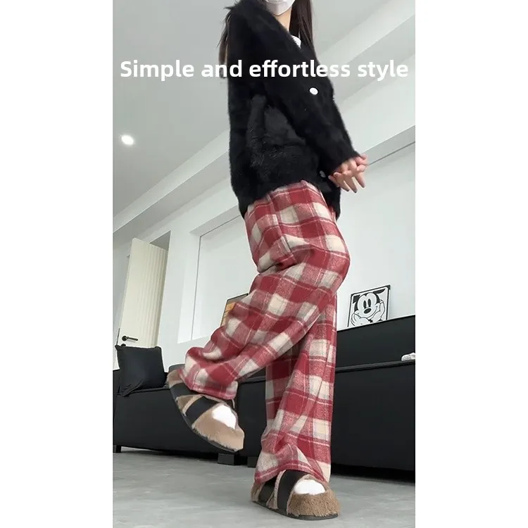 الرجعية الأحمر منقوشة Thiened Fce عادية الطابق طول مستقيم الساق السراويل النسائية الخريف الشتاء جديد Sle ثني بنطلون