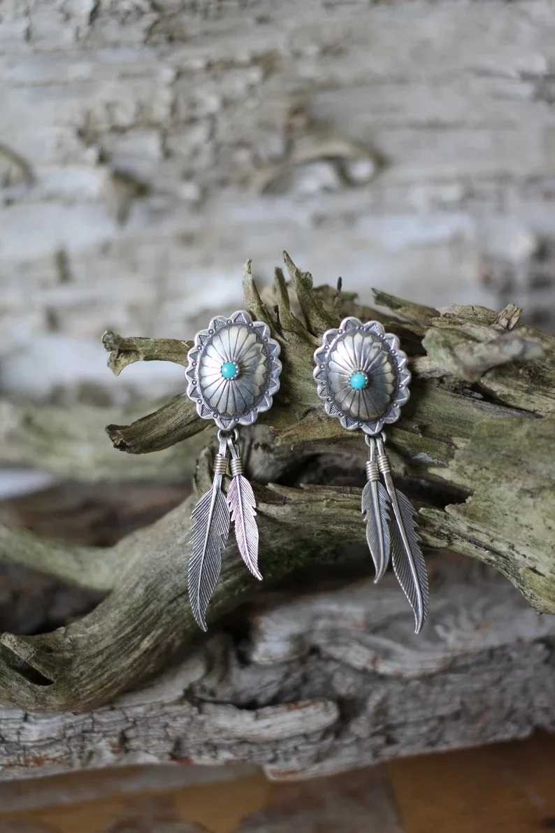 Feather Tassel Dangling Earrings Vintage Ethnic Simpli Hand-Carving Inlay Turquoises Dangle Earrings For Women Jewelry pendiente