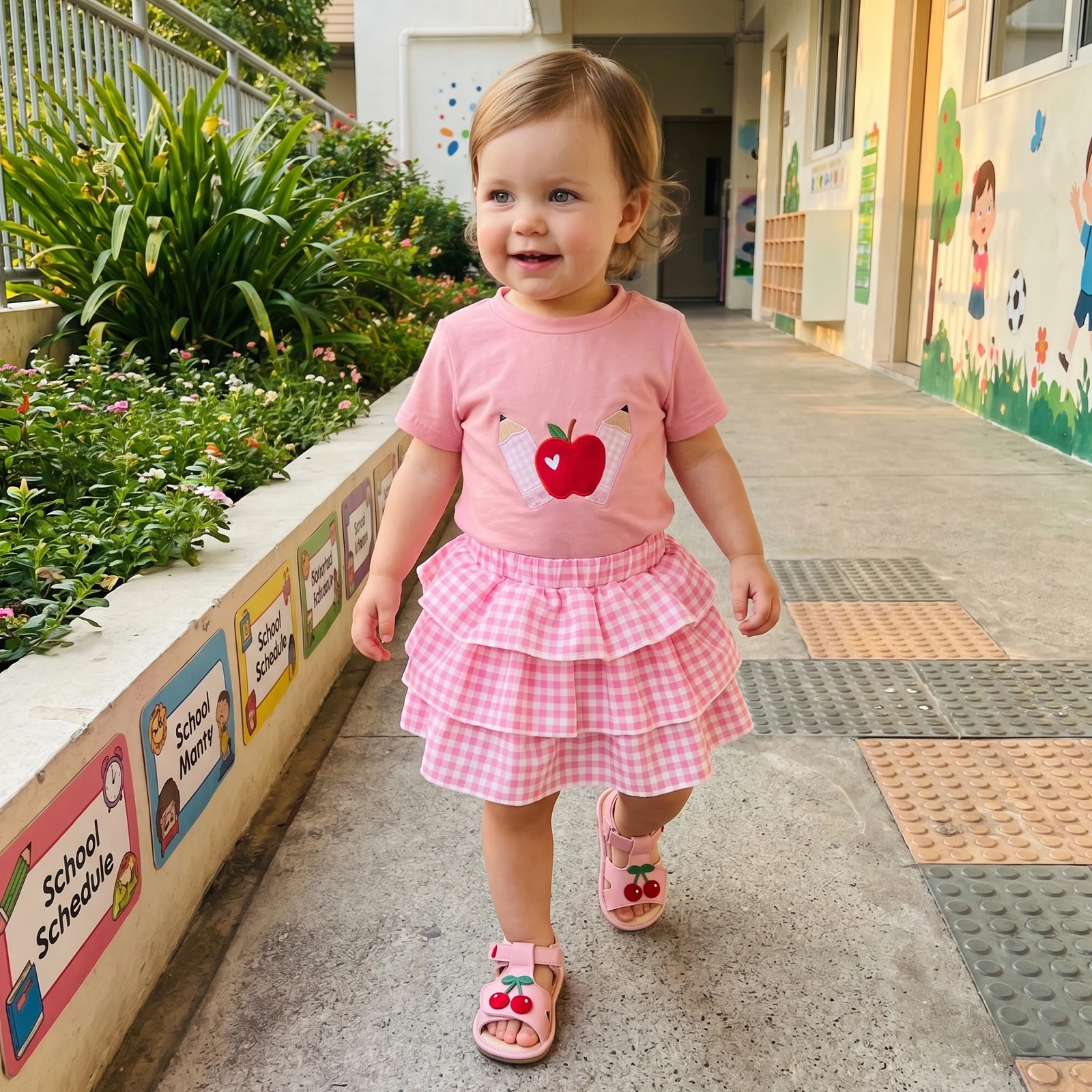 Girl Back to School Outfit Pencil Apple Embroidery Short Sleeve Tops Tiered A-line Skirt Set