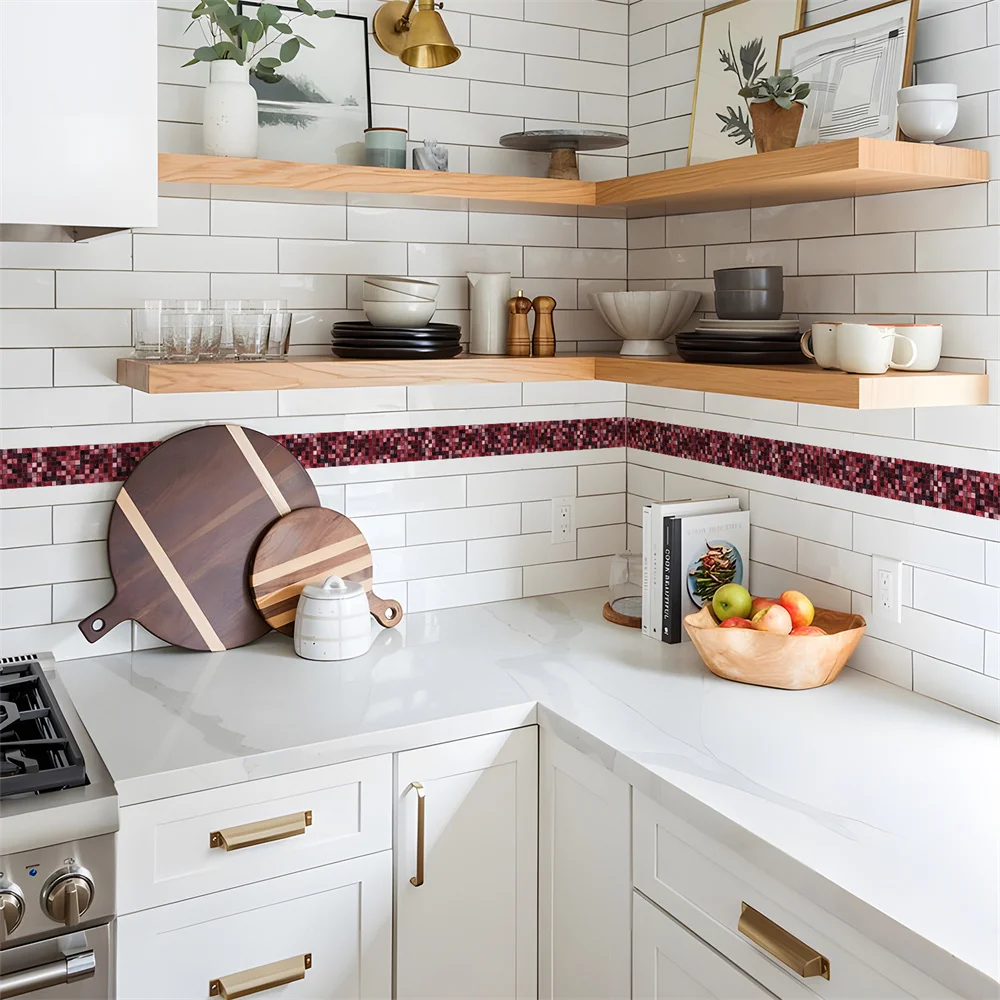Red Mosaic Bathroom Waterproof Waistline Wall Stickers Self Adhesive Baseboard Border Tile Wall Stickers Modern Wallpaper Border