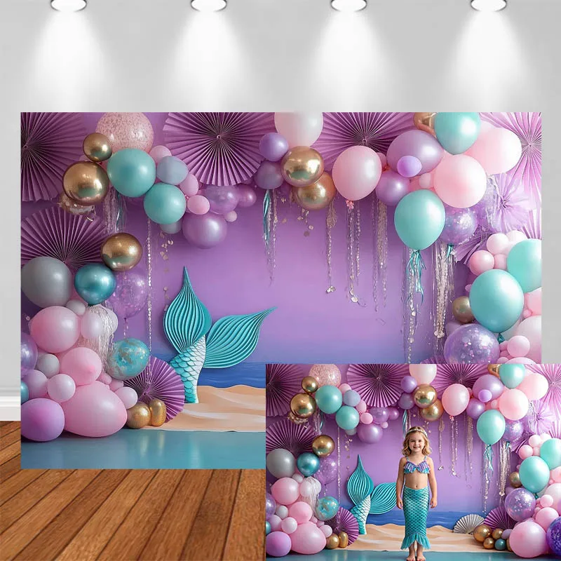 

LS Photography Background Mermaid Theme Balloon Decor Birthday Baby Shower Cake Smash Adult Kids Portrait Photo Backdrop Studio
