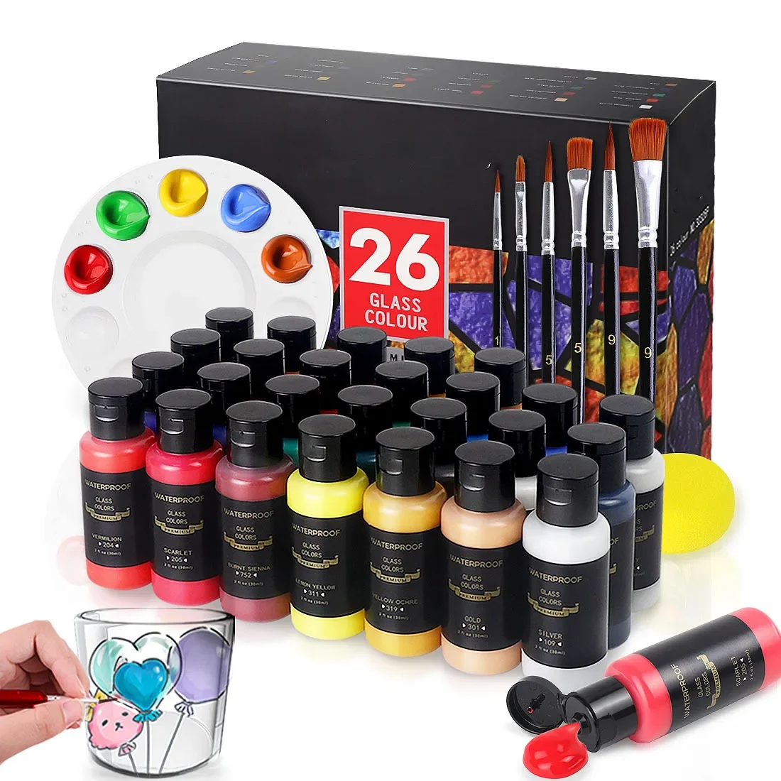 Impermeável Acrílico Esmalte Pintura Kit, Arte Suprimentos, Mancha De Vidro De Pintura Set, 6 Escovas De Nylon, 1 Paleta, 14 Cores, 26 Cores