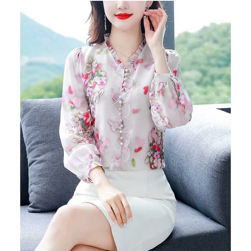 Elegant V-Neck Printed Spliced Ruffles Floral Blouses Women\'s Clothing 2024 Spring New Loose Office Lady Tops All-match Shirts