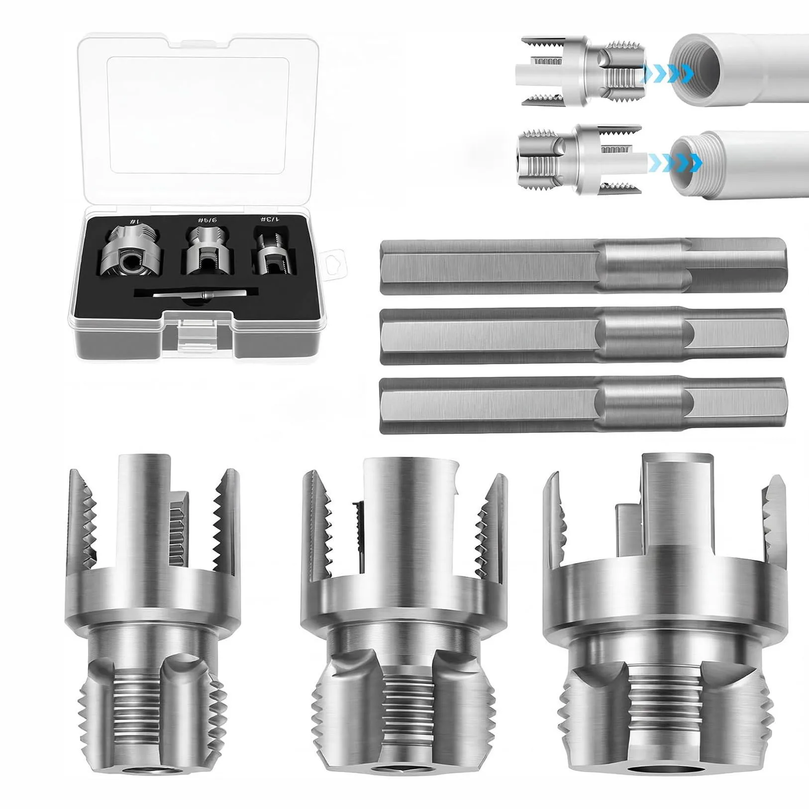 4-in-1 Werkzeugset zur Bearbeitung von Rohrgewinden, geeignet zum Schneiden von Innen-/Außengewinden an 1/2-, 3/4- und 1-Zoll-PVC-Rohren. – Detail 6