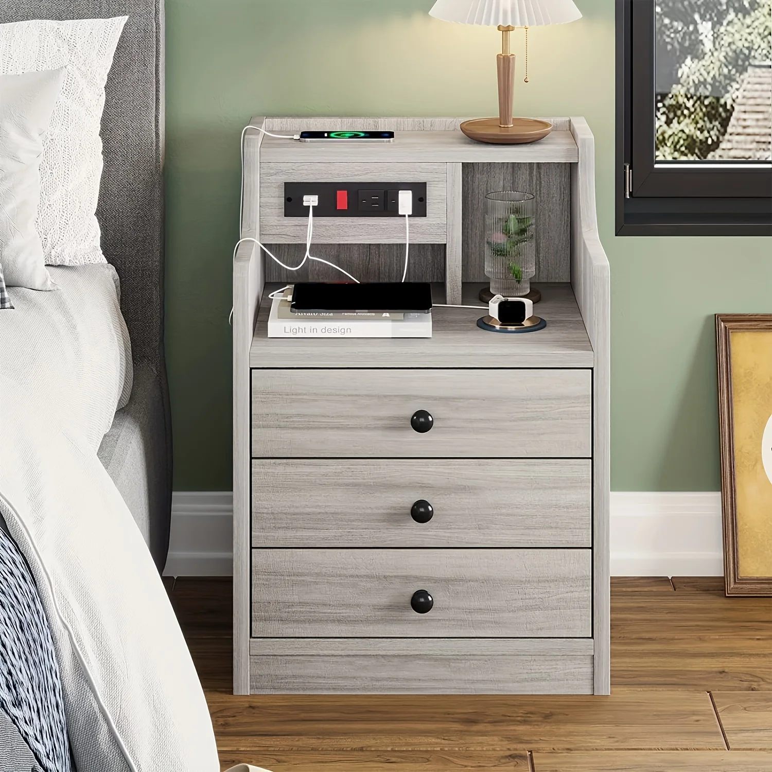 

Nightstand with Charging Station, 2 USB Ports & 2 Outlets, Grey Nightstands with Hutch and 3 Drawers, Bedroom End Table
