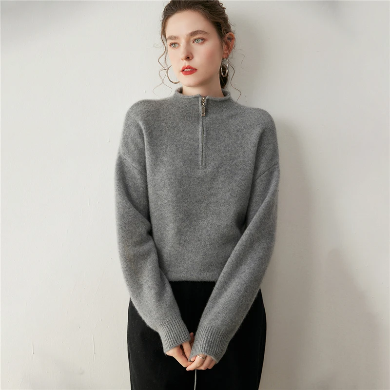 

Women 100% Cashmere Sweater Curl edge Half Zipper Pullover Autumn Winter Basic Soft Warm Casual Cashmere Knitwear Korean Tops