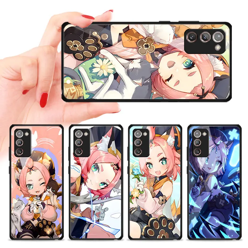 Black Case for Samsung Galaxy Note 20 Ultra 5G 10 Plus 9 8 Tempered Glass Phone Cover M12 J7 Prime J8 Shell Genshin Impact Diona